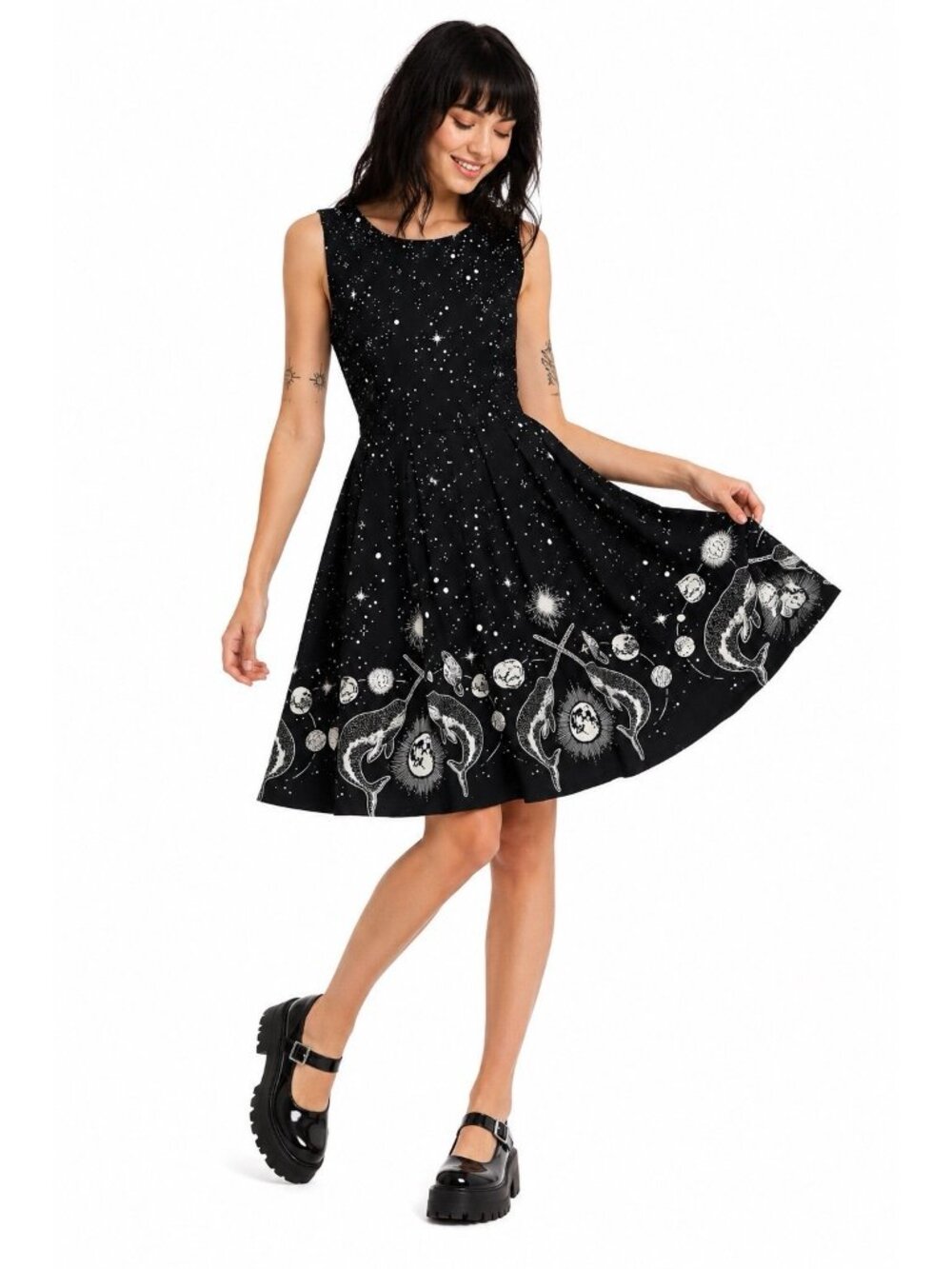 DANGERFIELD cosmic border print dress 6 whales celestial stars space galaxy goth
